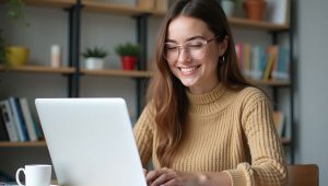 Young women wearing eyeglasses with laptop smiling