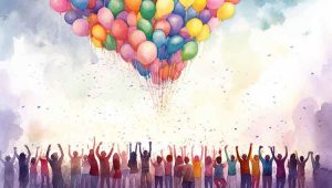 An illustration of balloons rising as a crowd of people cheers, to illustrate a PlannedGiving.Com blog on the Donor Bill of Rights.