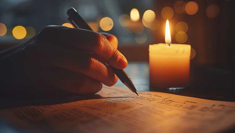 Handwriting note late at night by candlelight