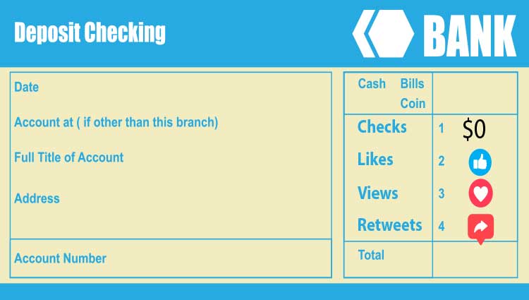 An image of a deposit slip with "likes, views, retweets" to illustrate the concept that your nonprofit's currency cannot be likes and shares.