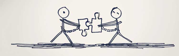 Pulling it together. Illustration of two people solving a puzzle.