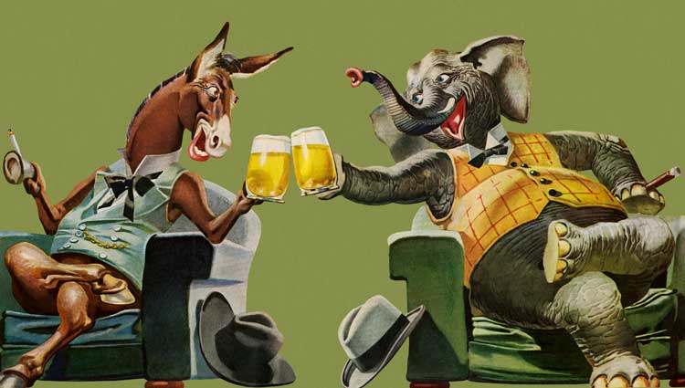 Elephant and a mule celebrating over beer. Political satire.