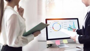 Two fundraising executives looking at their planned giving budget on a computer. Has a pie chart from a spread sheet.